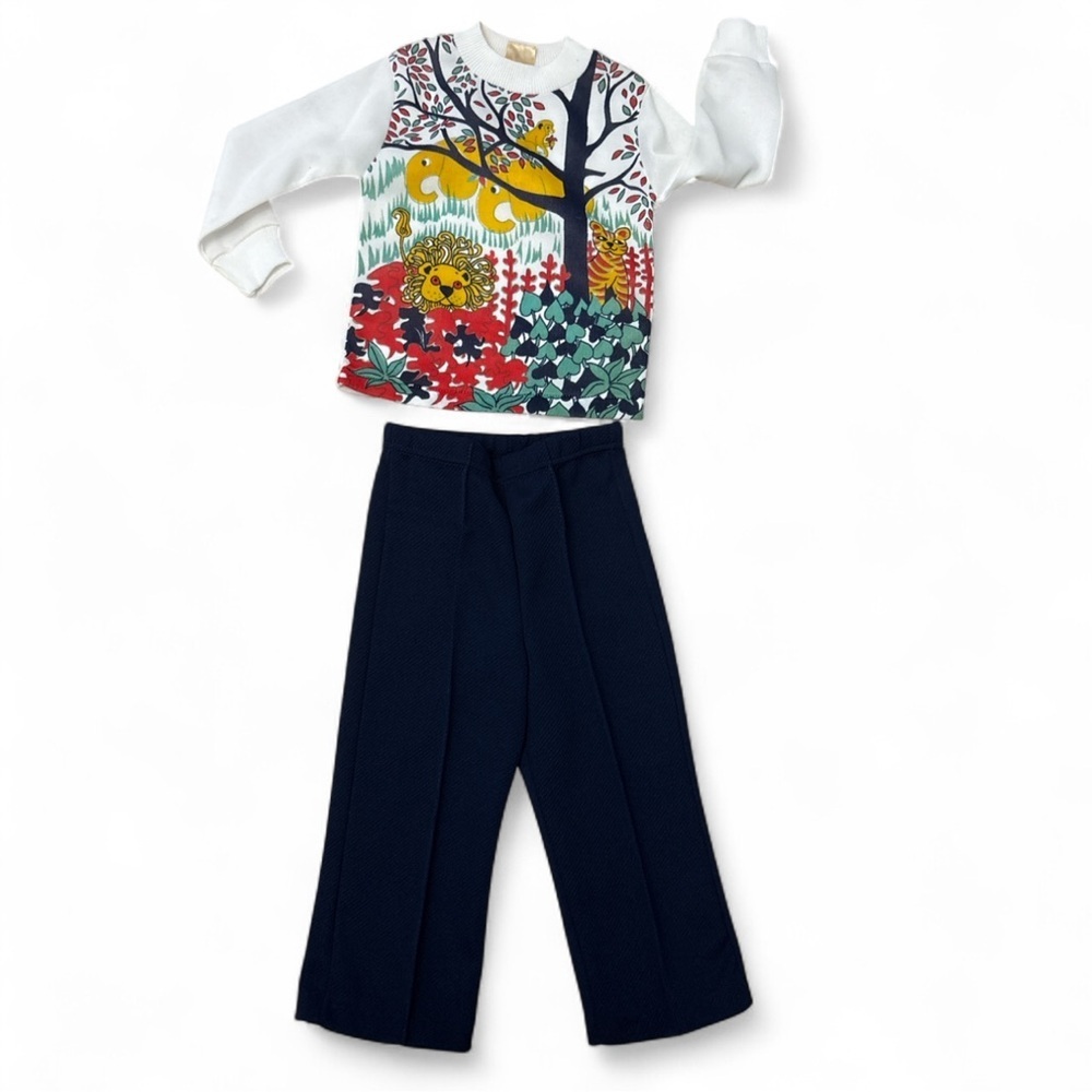 VTG 70s Toddler 2T Novelty Print Pants Set Lion Tiger Jungle Tree Psychedelic